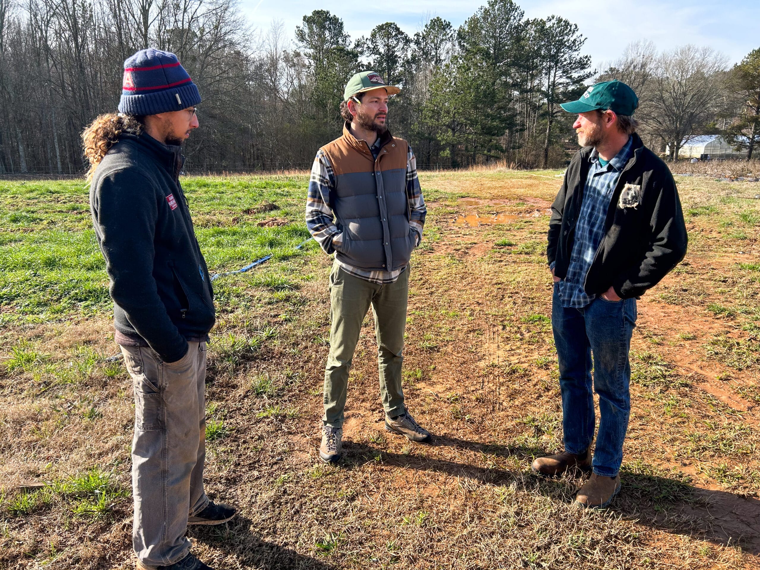 Zac meeting with two of the Farmer-Owners Demetrious Milling (left) and Joe Reynolds (right)